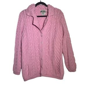 Aran Crafts Pink 100% Merino Wool Cable Knit V Neck Cardigan Large